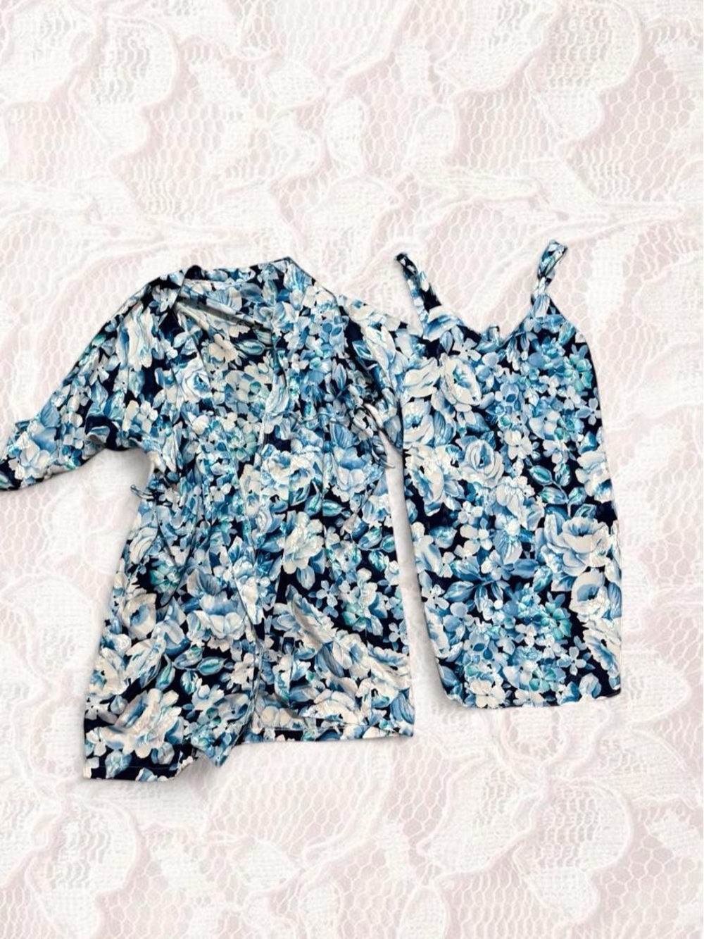 Blue Floral Slip Chemise with Matching Robe